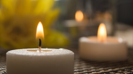 Spa decoration objects. Candles and blurred background