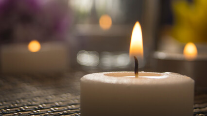 Spa decoration objects. Candles and blurred background