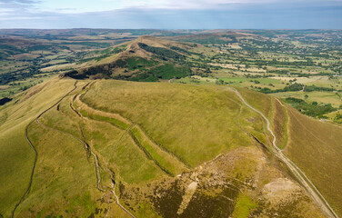 Mam Tor Prehistoric late Bronze Age early Iron Age univallate hill fort above Castleton in Derbyshire, England. Aerial looking N.E.