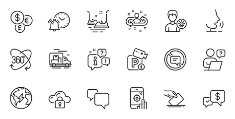 Outline set of Full rotation, Money currency and Seo phone line icons for web application. Talk, information, delivery truck outline icon. Include Voting ballot, Person idea, Alarm clock icons. Vector