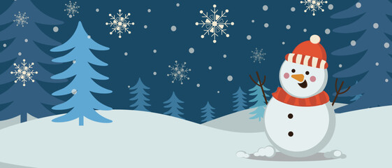 Winter Vector Landscape. Winter Forest with Cute Snowman. Snowfall in the forest. Vector Background