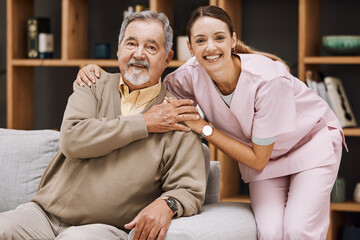 Healthcare, support and doctor with a senior man for medical attention, consulting and nursing from a house. Trust, hug and portrait of a caregiver with support for an elderly patient in retirement