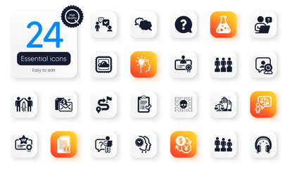 Set of Education flat icons. Partnership, Certificate and Question mark elements for web application. Headphones, Chemistry lab, Accounting report icons. Consulting business. Vector