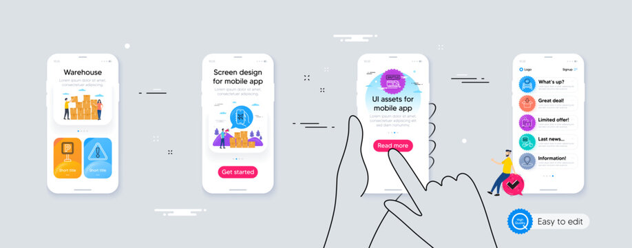 Outline set of Shuttle bus, Warning and Food delivery line icons for web application. Phone ui interface. Include Parking, Luggage trolley, Get box icons. Vector