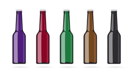 Glass bottle soda or beer black brown green isolated on white vector set or lemonade drink beverages blank empty mockup templates red purple ed clipart graphic design illustration image