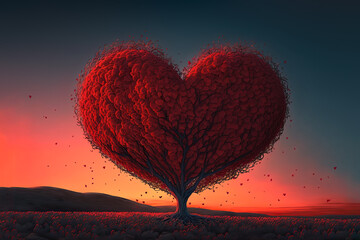 Fototapeta na wymiar red lonely tree with heart shape. valentine and love concept. generative ai