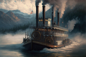 old steamboat with smoke in river. generative ai - obrazy, fototapety, plakaty