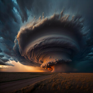 amazing supercell cloud at sunset. generative ai