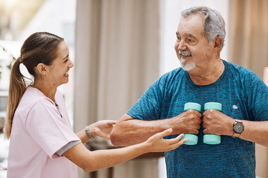 Exercise, Physiotherapy And Senior Man With A Physiotherapist For Healthcare Training, Rehabilitation And Fitness Support. Strength Training, Workout And Doctor With Motivation For Elderly Patient