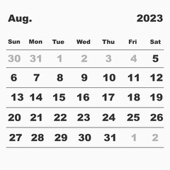 Vector illustration of a calendar for August 2023. In a minimalist style. Week starts on Sunday