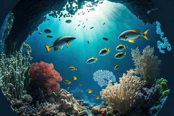 Obraz na płótnie Canvas Coral reef underwater view, globe ocean animal landscape. Generative AI