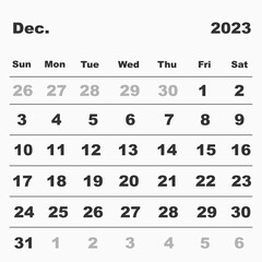 Vector illustration of a calendar for December 2023. In a minimalist style. Week starts on Sunday