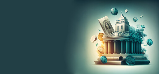 Bank Building banner. Money Finance Institution. Government Insurance Illustration. Generative AI