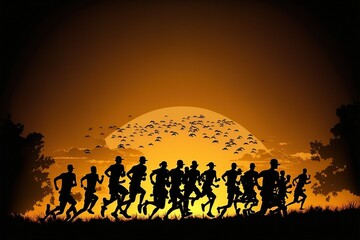 Fototapeta na wymiar Marathon on simple background, black silhouettes of runners, ai generated