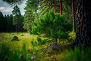 Fototapeta premium a lush grass next to a pine forest. Generative AI