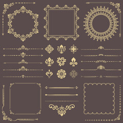 Vintage set of horizontal, square and round elements. Different brown and golden elements for backgrounds, frames and monograms. Classic patterns. Set of vintage patterns