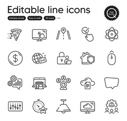 Set of Technology outline icons. Contains icons as Marketplace, Ceiling lamp and Checkbox elements. Road, Cogwheel, Cloud storage web signs. Vip timer, Dollar money, Lock elements. Atom. Vector