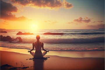 Naklejka na ściany i meble woman practicing yoga near the sea at sunset. Harmony, meditation, healthy lifestyle, relaxation concept, ai generated