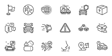 Outline set of Flight mode, Package and Push cart line icons for web application. Talk, information, delivery truck outline icon. Include Journey, Delivery, Car icons. Vector