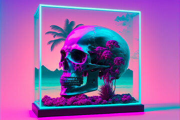 Skull on a background of palm trees and neon AI