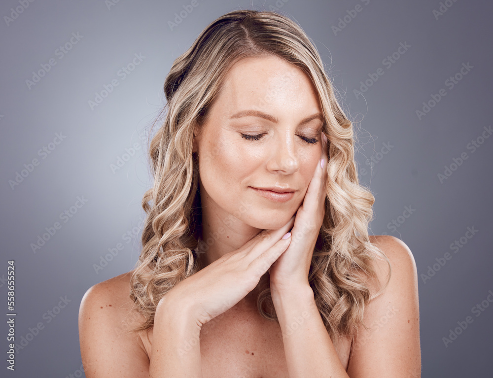 Sticker Face, beauty skincare and woman with eyes closed in studio isolated on a gray background. Makeup, cosmetics and female model satisfied with spa facial treatment for healthy, glowing and flawless skin