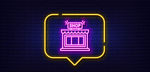 Neon light speech bubble. Shop line icon. Store symbol. Shopping building sign. Neon light background. Shop glow line. Brick wall banner. Vector