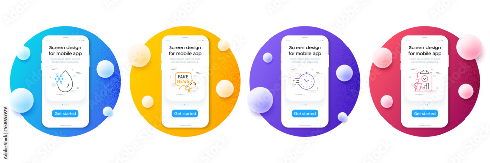 Wall mural Minimal set of Timer, Freezing water and Fake news line icons for web development. Phone ui interface mockup with balls. Inspect icons. Deadline management, Freeze temperature, Wrong fact. Vector