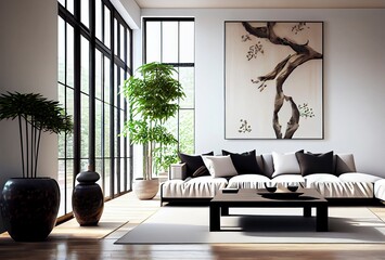 A frame mockup in a Feng Shui living room - obrazy, fototapety, plakaty