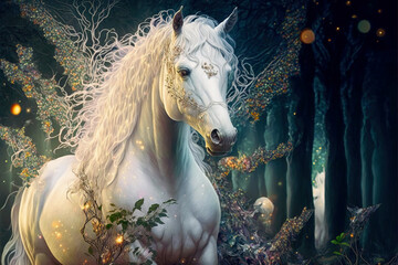 Obraz na płótnie Canvas Magic white horse in fairy forest. Spirit of the forest. Digital art