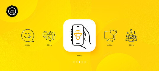 Fototapeta na wymiar Music app, Yummy smile and Heart minimal line icons. Yellow abstract background. Salary employees, Work home icons. For web, application, printing. Smartphone sound, Emoticon, Love chat. Vector