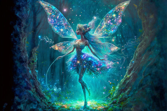 Dancing fairy in an enchanted magical forest. Digital artwork	