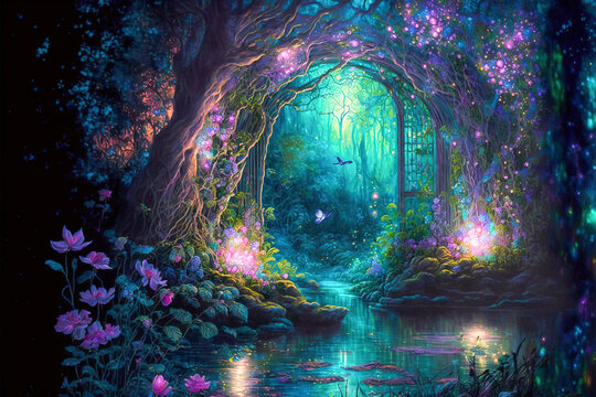 Fantasy and fairytale magical forest with purple and cyan light lighting pathway. Digital painting landscape.	
