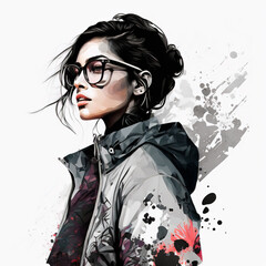 Beautiful young woman in sunglasses and jacket  portrait. Abstract fashion watercolor illustration. Fashion model. Sketch. Fashion woman. Generative AI