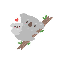 Cute cartoon character mother koala and baby on tree, valentine's day illustration