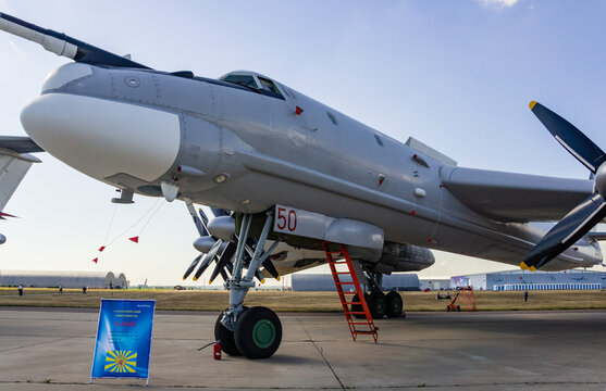 100th anniversary of the Russian Air Force. Soviet and Russian turboprop strategic bomber-missile carrier Tu-95MS (NATO: - Bear) at stationary parking lot.