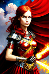 Retrato de chica pelirroja guerrera con poderes de fuego - AI Generated Art 