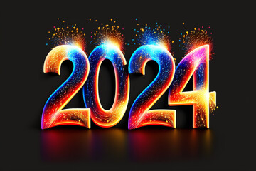 Brightly colored number 2024 reflecting the new year on black background. Artwork created with generative ai