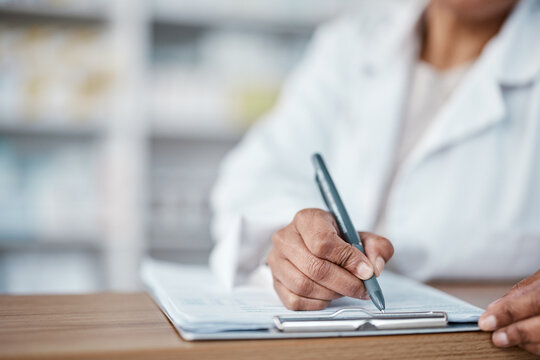 Woman, Hands Or Pharmacy Clipboard Writing For Medical Stock Check, Medicine Product Research Or Pills Prescription Order. Zoom, Pharmacist Or Healthcare Worker With Paper Documents In Retail Store