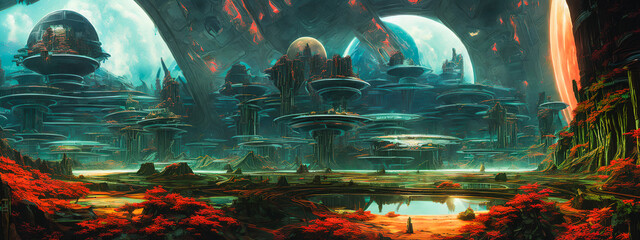 A psychedelic and frightening atmosphere on an alien planet. Generative AI