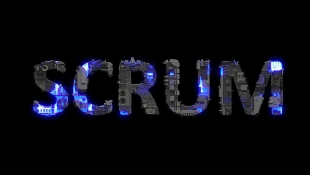 metal scrap cyber punk text SCRUM with electrical light and animated surface, isolated - loop video