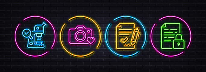 Approved agreement, Photo camera and Microscope minimal line icons. Neon laser 3d lights. Lock icons. For web, application, printing. Signature document, Love photos, Laboratory science. Vector