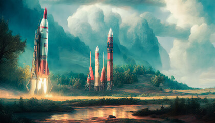 A dramatic launch of intercontinental rockets in a utopian world - obrazy, fototapety, plakaty