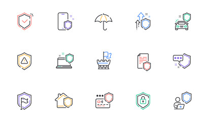 Defense line icons. Car insurance, Secure shield and Safe umbrella. Safety risk, Computer security and Defense privacy icons. Secure online information, Tower castle and protect shield. Vector