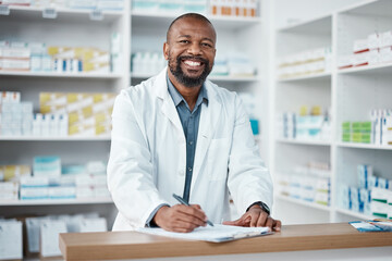 Pharmacy, portrait and black man with clipboard, medicine and pill prescription. African American male, pharmacist and medical professional writing, make notes for stock and inventory for healthcare.