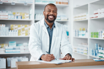 Pharmacy, portrait and black man with clipboard, medicine and pill prescription. African American...