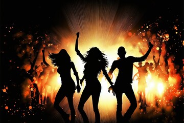 Naklejka na ściany i meble Silhouette of Young happy people are dancing in club. Nightlife, ai generated