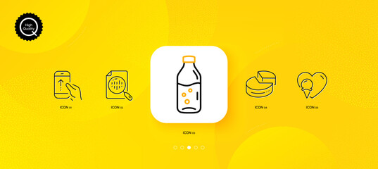 Water bottle, Pie chart and Ice cream minimal line icons. Yellow abstract background. Analytics chart, Swipe up icons. For web, application, printing. Soda drink, 3d graph, Sundae cone. Vector