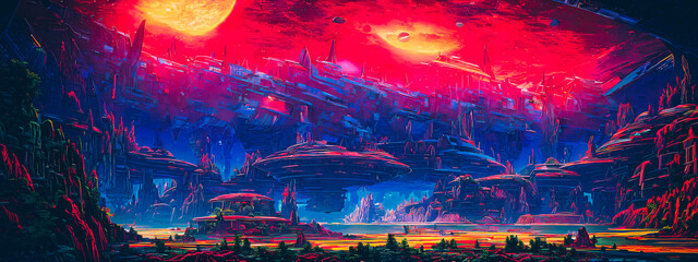 Abandoned space station on an unknown planet in a metaverse style, surrounded by a desolate landscape with remnants of advanced technology. Generative AI