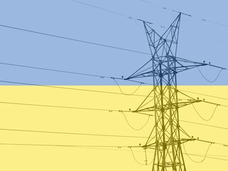 High voltage post or High voltage tower with ukrainian flag