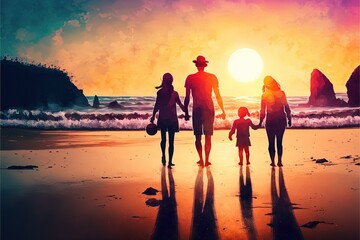 happy family with two kids walk at sunset beach, ai generated